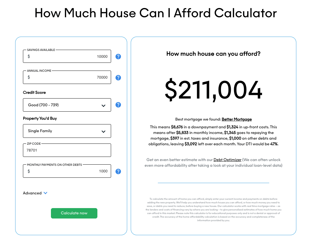 Interactive Home Affordability Calculator displayed on a digital screen, with input fields for annual income, savings, credit score, home type, and existing monthly debts, designed for a potential homebuyer wondering “how much house can I afford with an 70k salary” in Austin, TX.