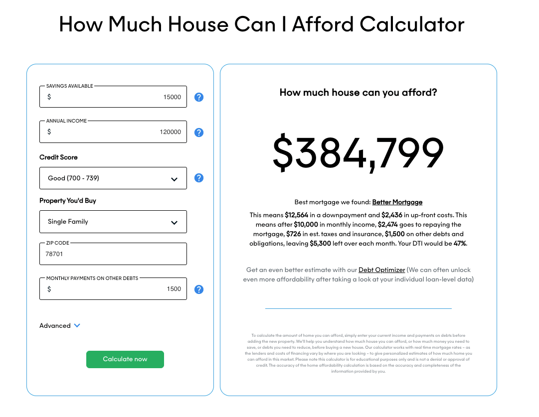 Interactive Home Affordability Calculator displayed on a digital screen, with input fields for annual income, savings, credit score, home type, and existing monthly debts, designed for a potential homebuyer wondering “how much house can I afford with an 120k salary” in Austin, TX.