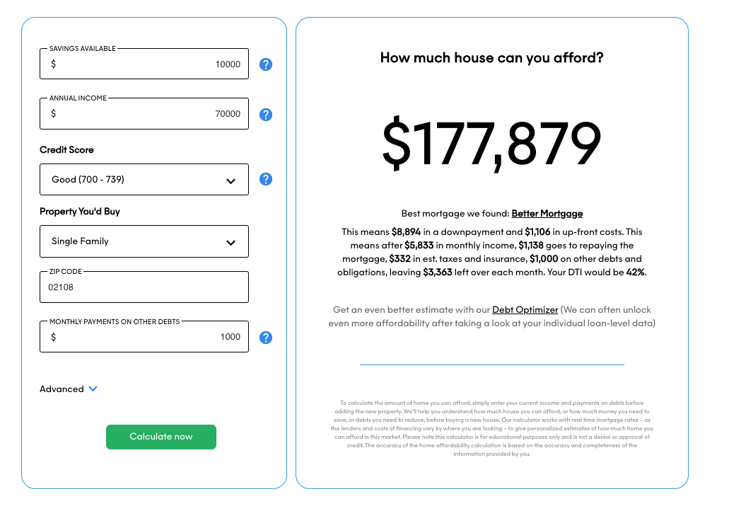 Interactive Home Affordability Calculator featuring fields for annual income, savings, credit score, type of home, and monthly debts, tailored for a potential homebuyer wondering “how much house can I afford with {article} 70k salary” in Boston, MA.