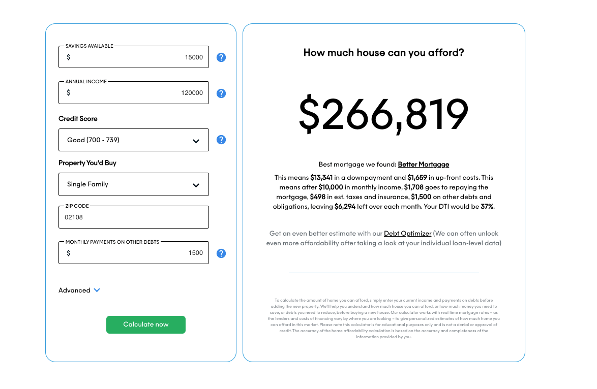 Interactive Home Affordability Calculator featuring fields for annual income, savings, credit score, type of home, and monthly debts, tailored for a potential homebuyer wondering “how much house can I afford with {article} 120k salary” in Boston, MA.