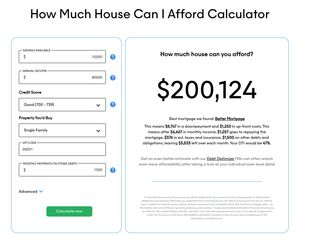 Interactive Home Affordability Calculator displayed on a digital screen, with input fields for annual income, savings, credit score, home type, and existing monthly debts, designed for a potential homebuyer wondering “how much house can I afford with an 80k salary” in Charlotte, NC.