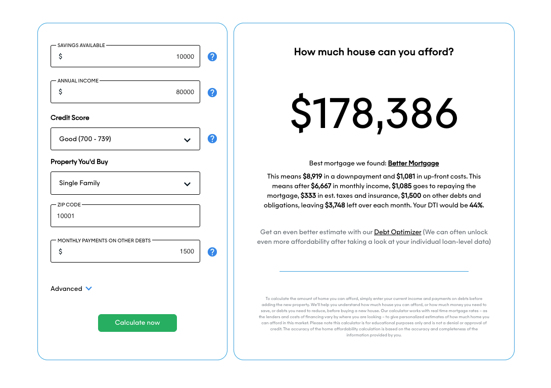 Interactive Home Affordability Calculator featuring fields for annual income, savings, credit score, type of home, and monthly debts, tailored for a potential homebuyer wondering “how much house can I afford with {article} 80k salary” in New York, NY.